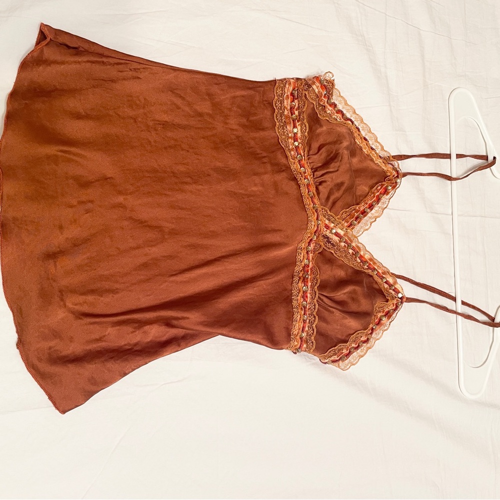 Rosso Disera, embellished cami, bronze orange satin, Size XS, made in Italy